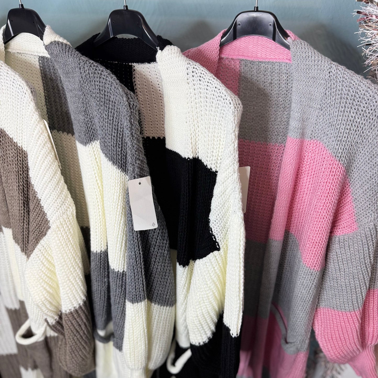 Sandy - Colour Block Long Line Balloon Sleeve Cardigan With Pockets - up to a Uk 24