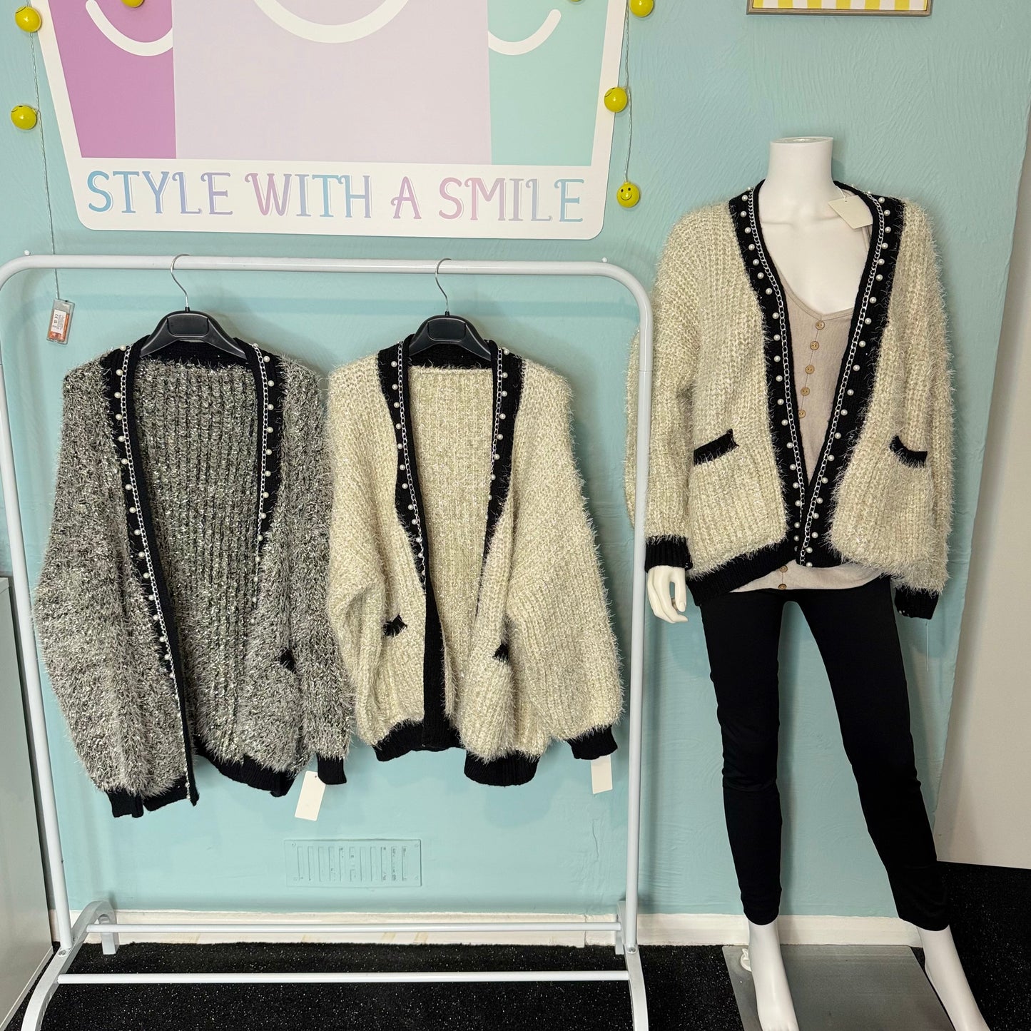 Buffy - Premium - Lurex Fuzzy Knit Pearl Cardigan - Womenswear Long Sleeve