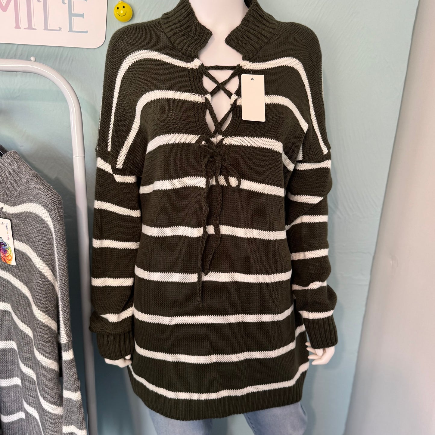 Savannah - Oversized Collar Striped Knitted Jumper - one size up to a UK 20.