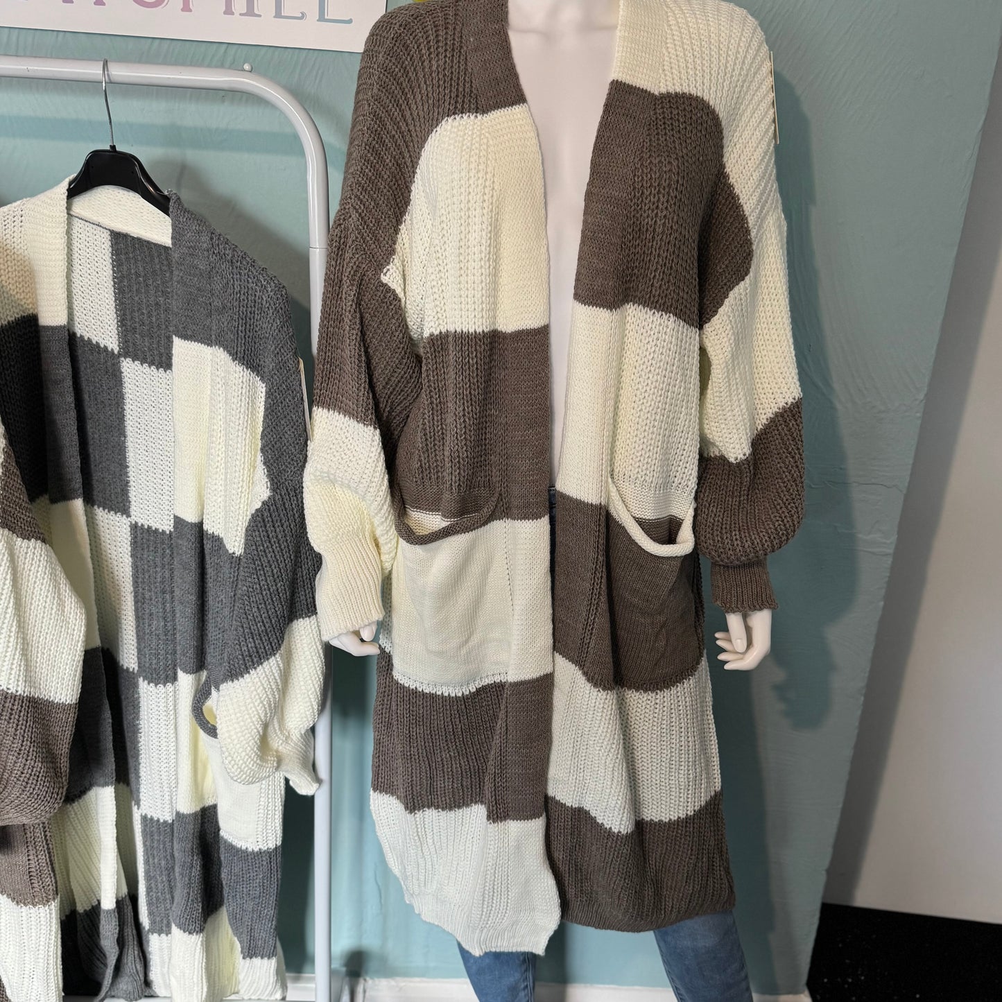 Sandy - Colour Block Long Line Balloon Sleeve Cardigan With Pockets - up to a Uk 24