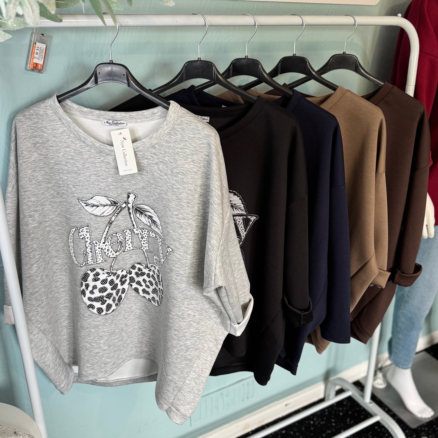 Olive - Diamanté Cherry Soft Touch Sweatshirt - up to a UK 18.