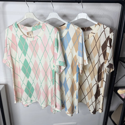 Anna - Argyle Print Knit Top short Sleeve