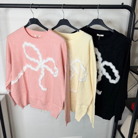 Bo - Bow Detailing Lace Jumper in Pink, Yellow & Black with Elegant Bow Design for Stylish Outfits