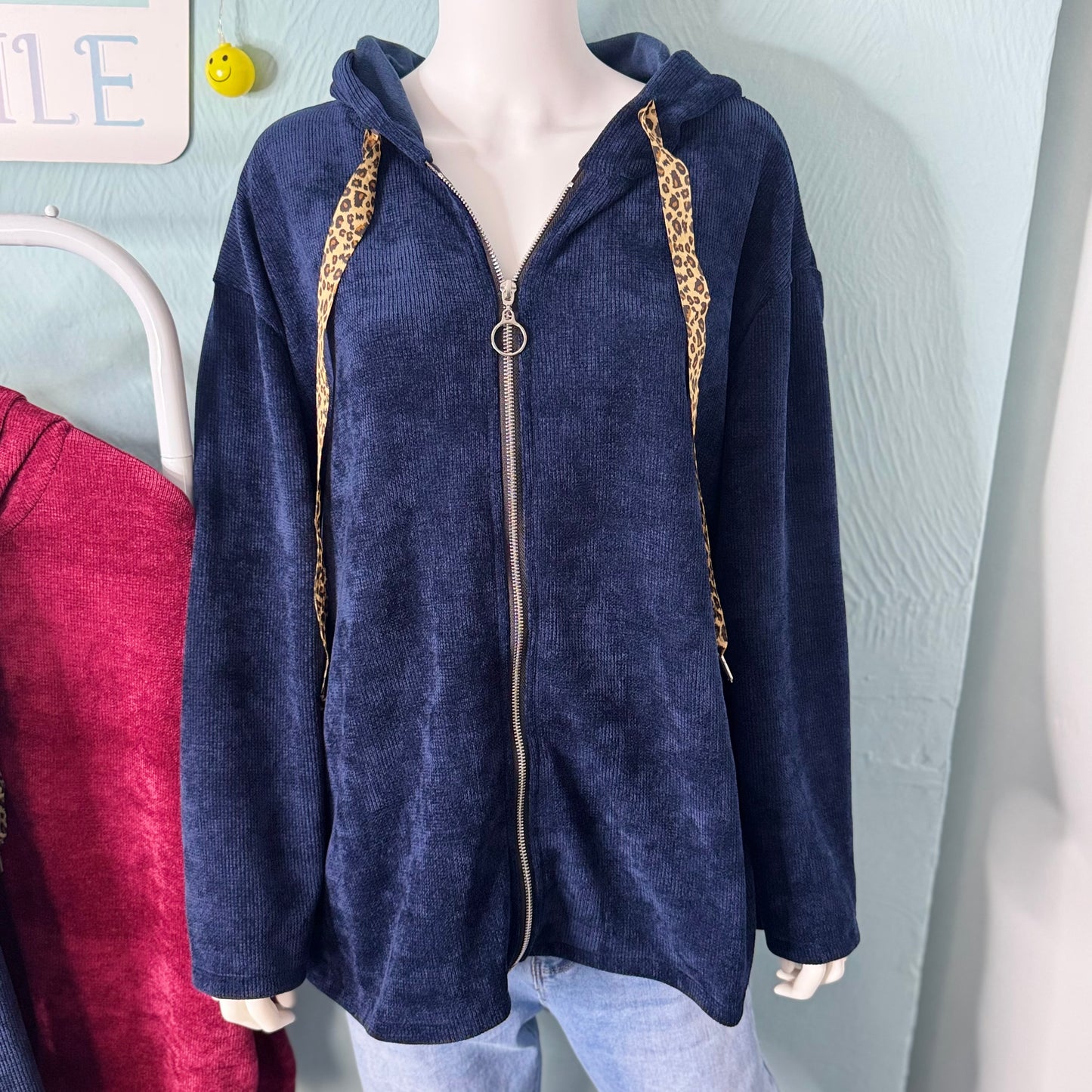 Edith - Chenille Cord Leo Drawstring Zip Hoodie- Womenswear Long Sleeve.