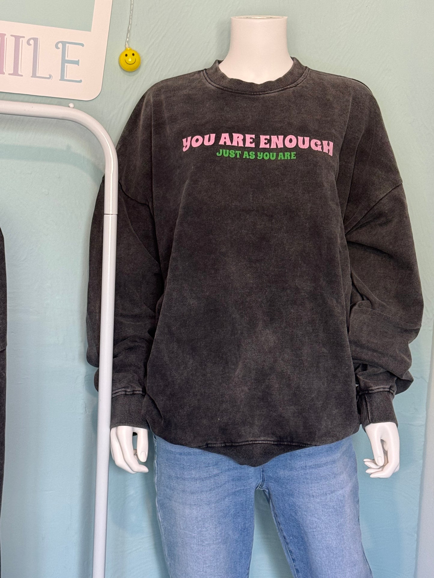 Tara - Acid Wash Oversized “You are enough” Floral Sweatshirt - up to a UK 18 - Womenswear Hoodie Cotton