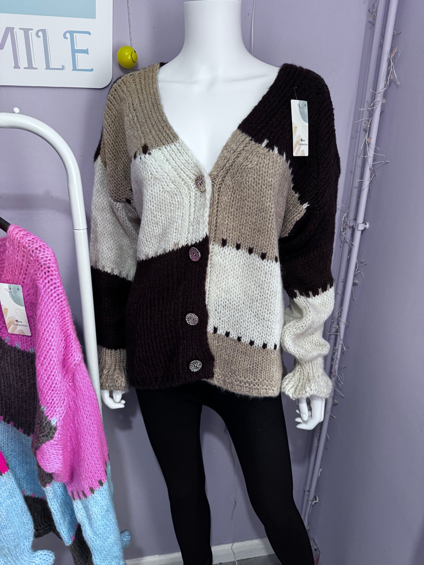 Grace - Colour Block Cuffed Frill Sleeve Gold Button Cardigan