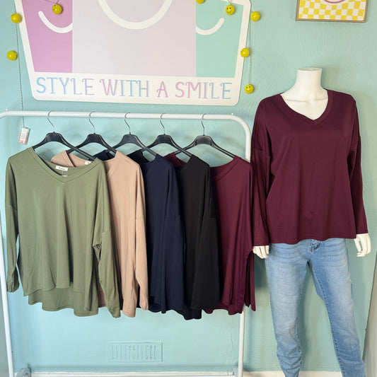 Amara - Long Sleeve V Neck Basic Top -  Womenswear.