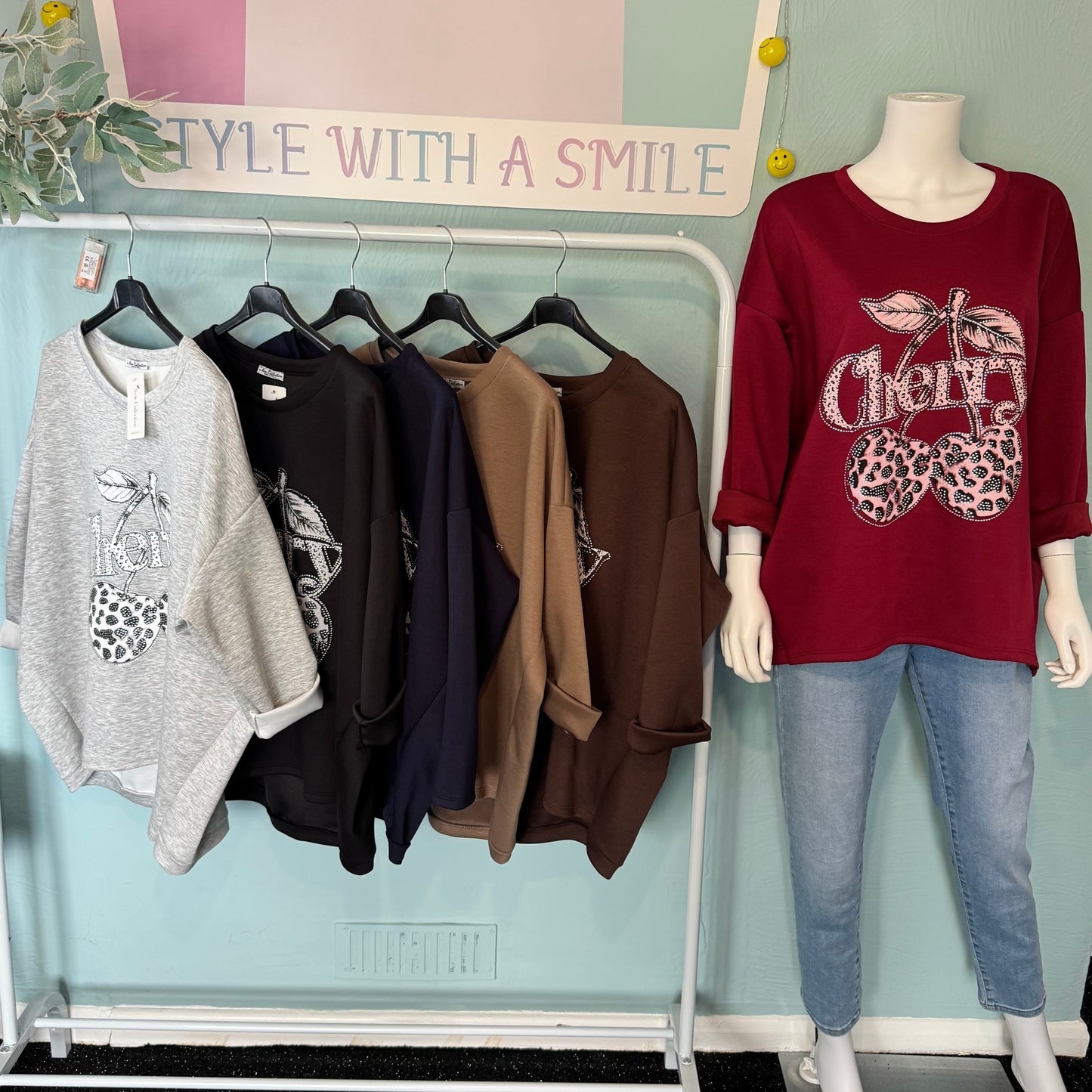 Olive - Diamanté Cherry Soft Touch Sweatshirt - up to a UK 18.