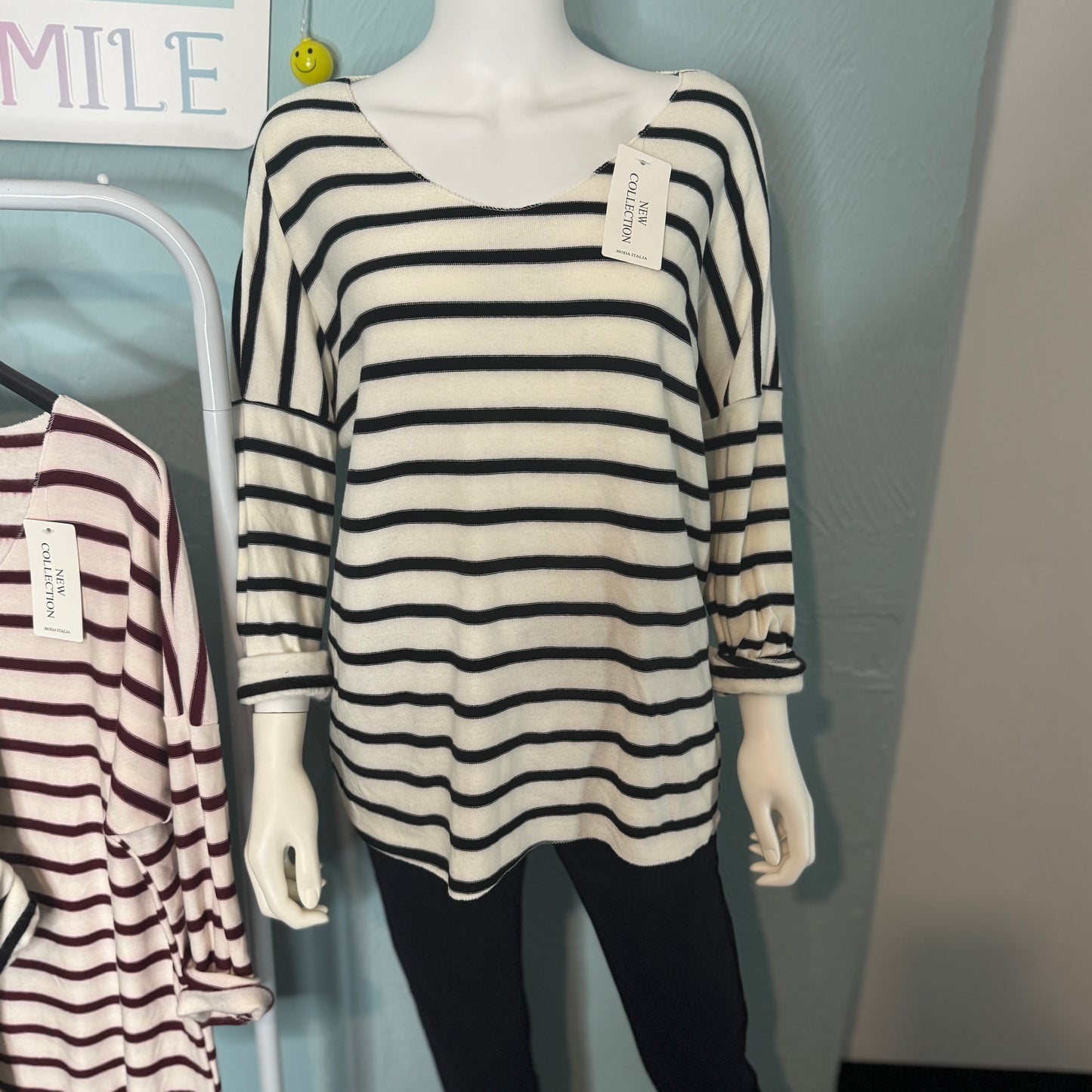 Callie - Stripe V Neck Fine KnIt fleeced lined Jumper - up to a UK 18