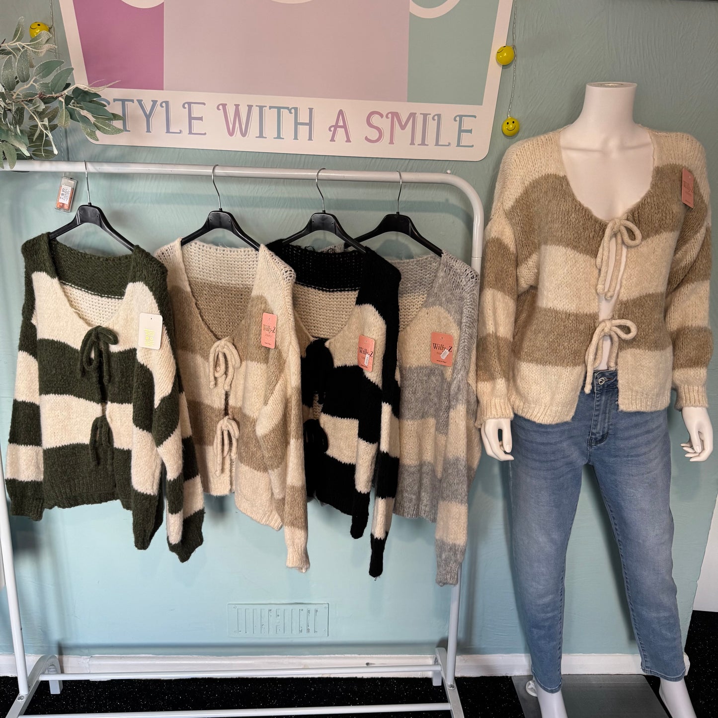 Belle - Striped Tie Bow Cardigan - Size up to a UK 18.  Knitwear Womenswear