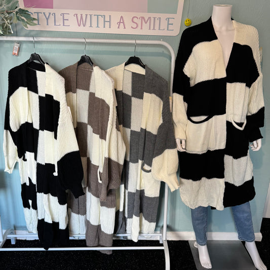 Sandy - Colour Block Long Line Balloon Sleeve Cardigan With Pockets - up to a Uk 24