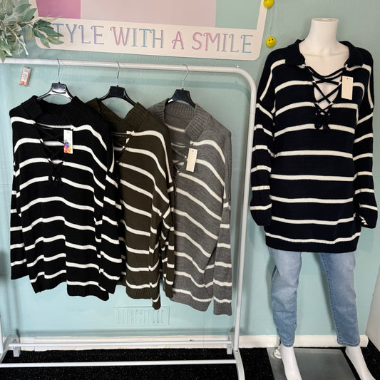 Savannah - Oversized Collar Striped Knitted Jumper - one size up to a UK 20.
