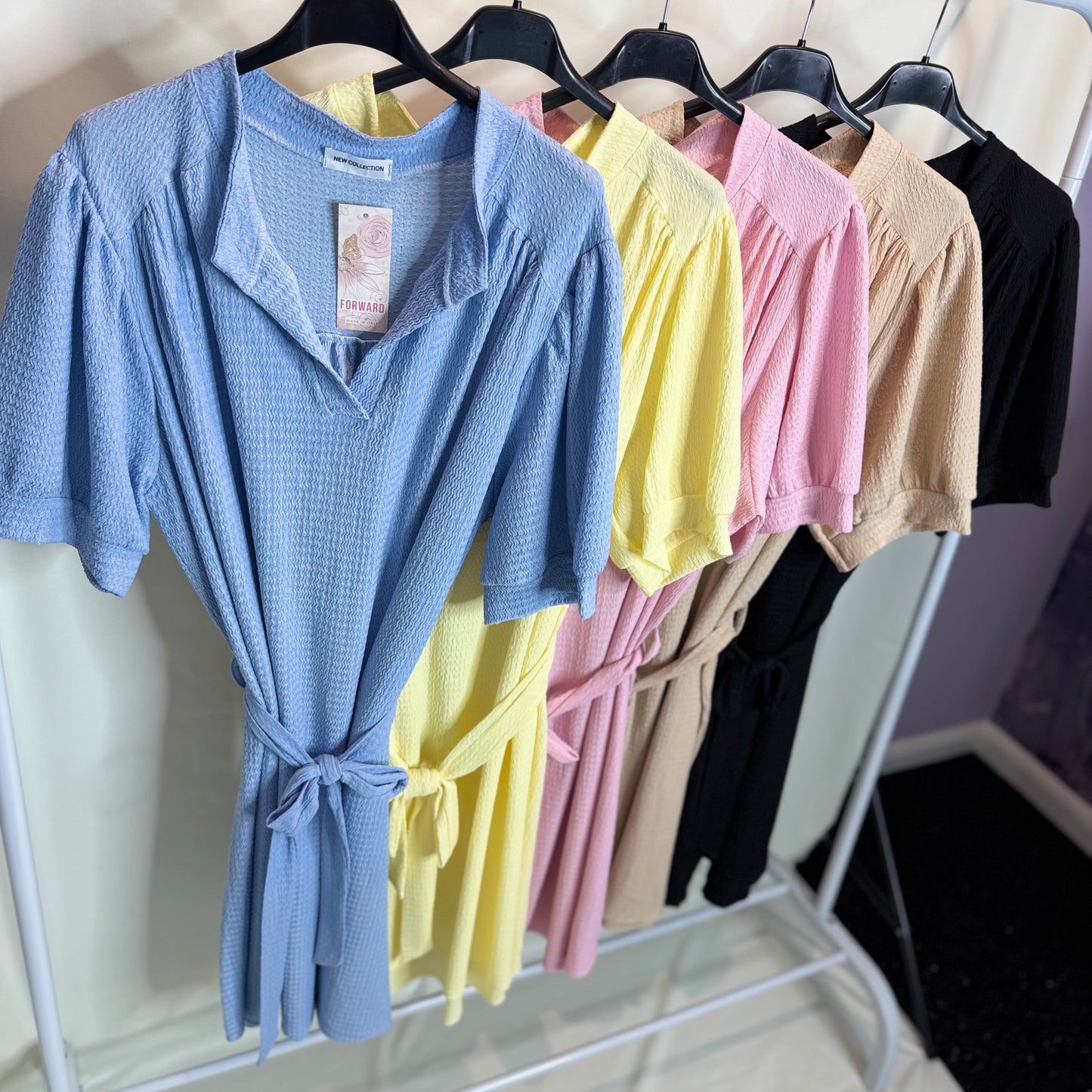 Trinity - Waffle Style Midi Dress With Tie and Bubble Sleeves
