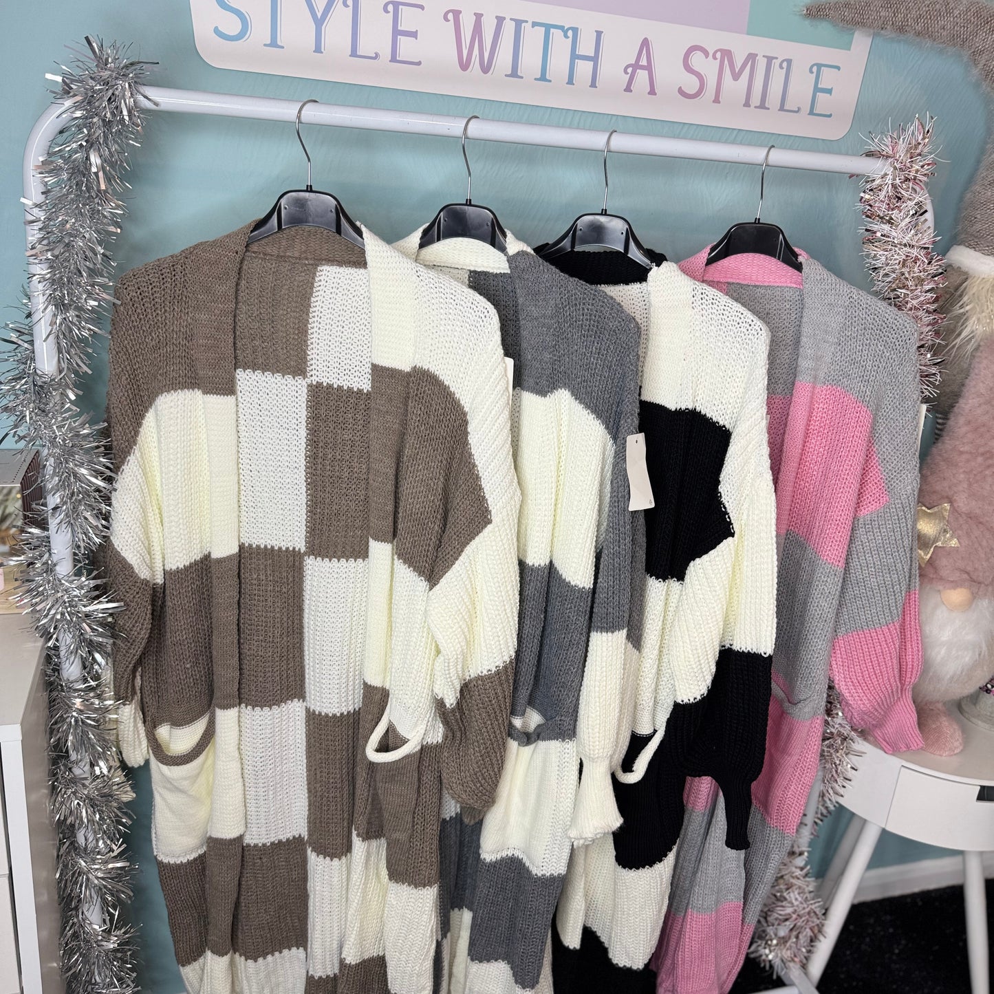 Sandy - Colour Block Long Line Balloon Sleeve Cardigan With Pockets - up to a Uk 24