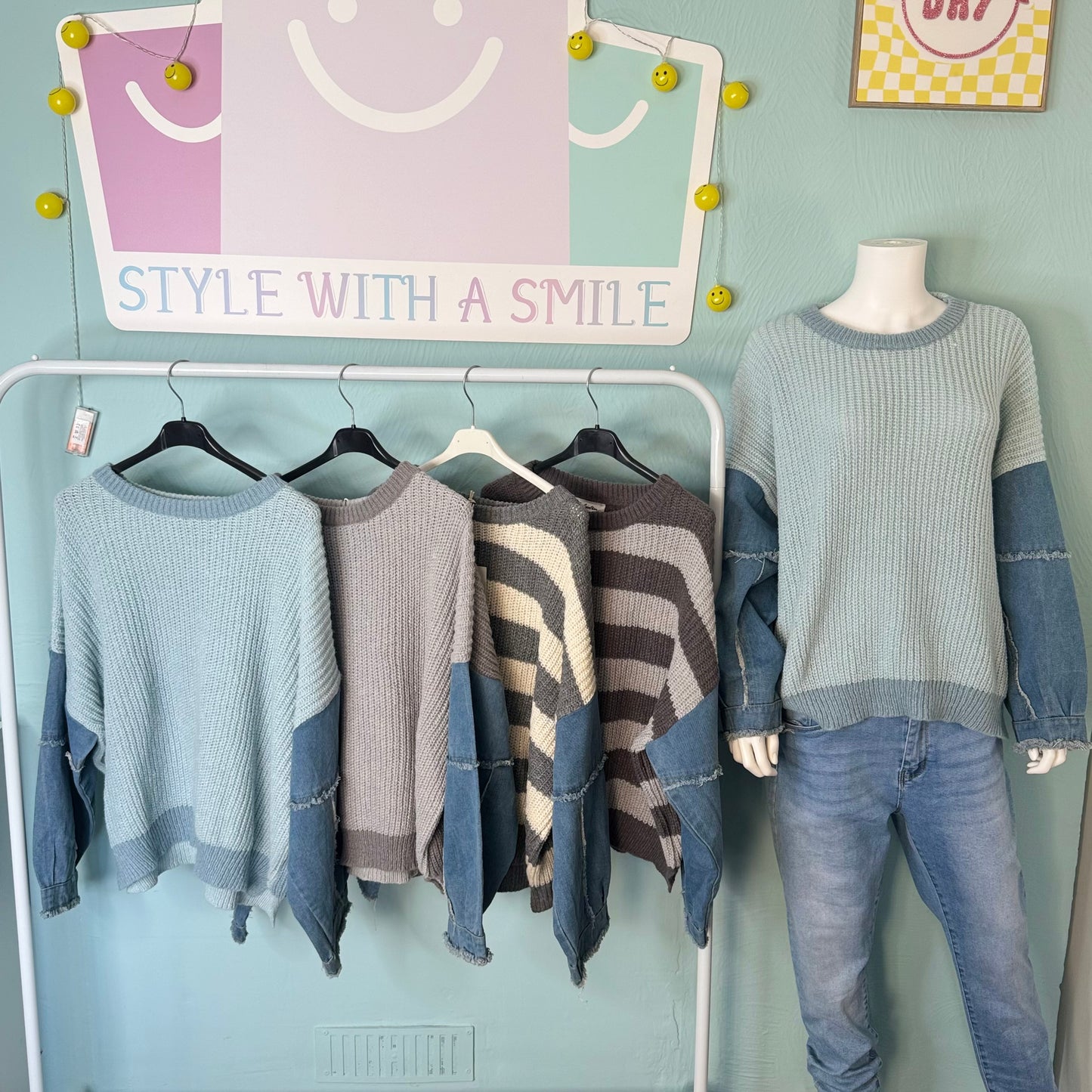 Gianna- Knitted Jumper With Denim Sleeves - Womenswear Knitwear.