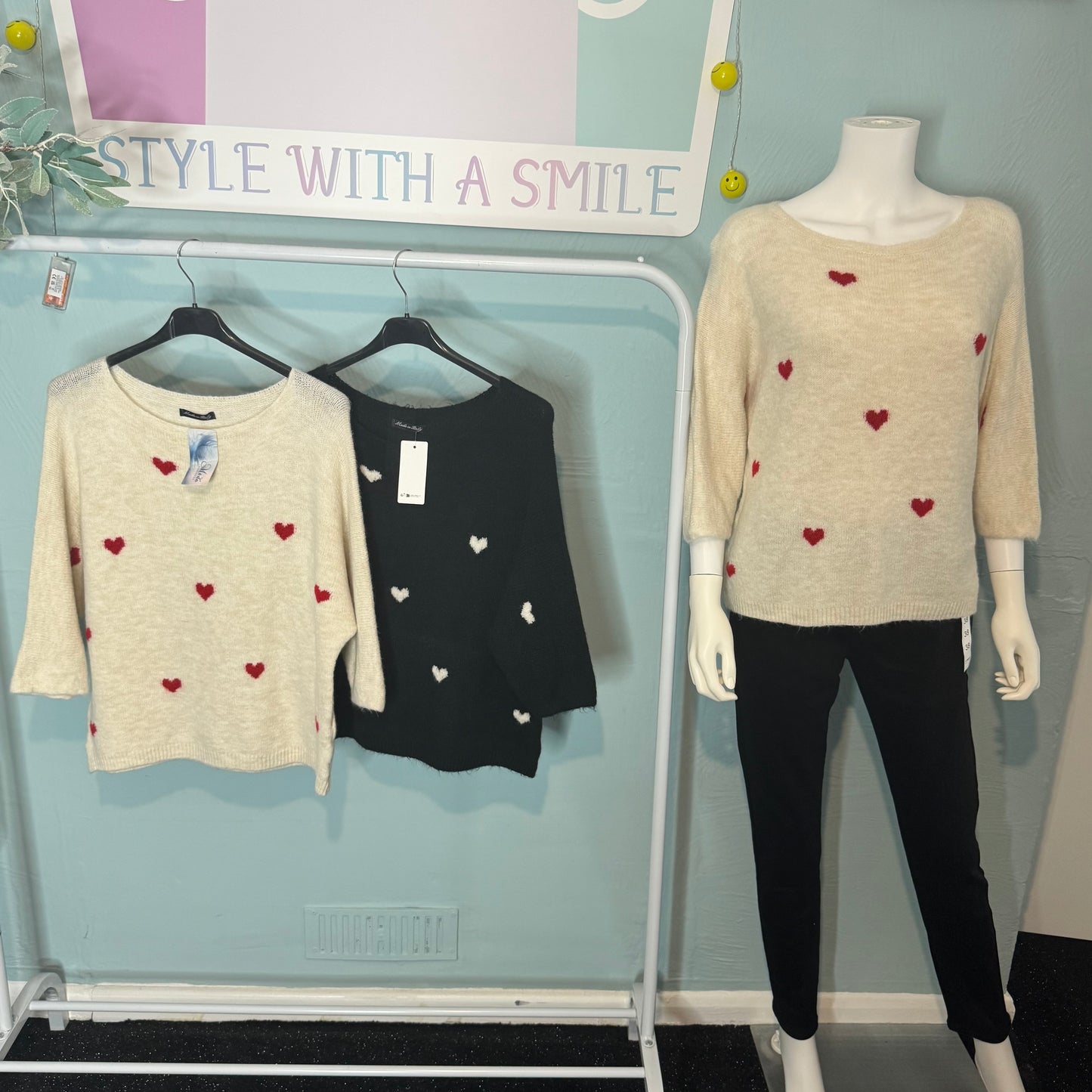 Hope - Heart Print Knitted 3/4 sleeve jumper -  up to a UK 18 - Knitwear Womenswear