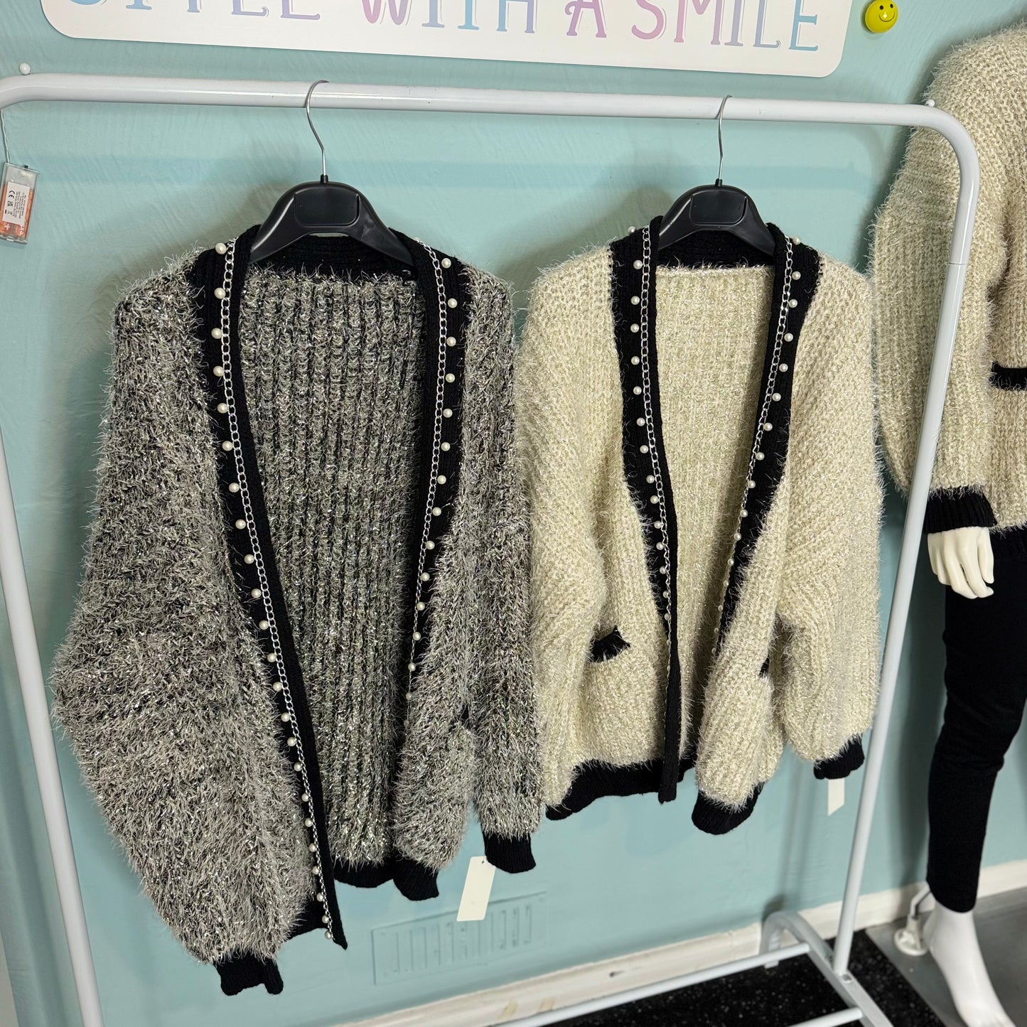 Buffy - Premium - Lurex Fuzzy Knit Pearl Cardigan -  Womenswear Long Sleeve