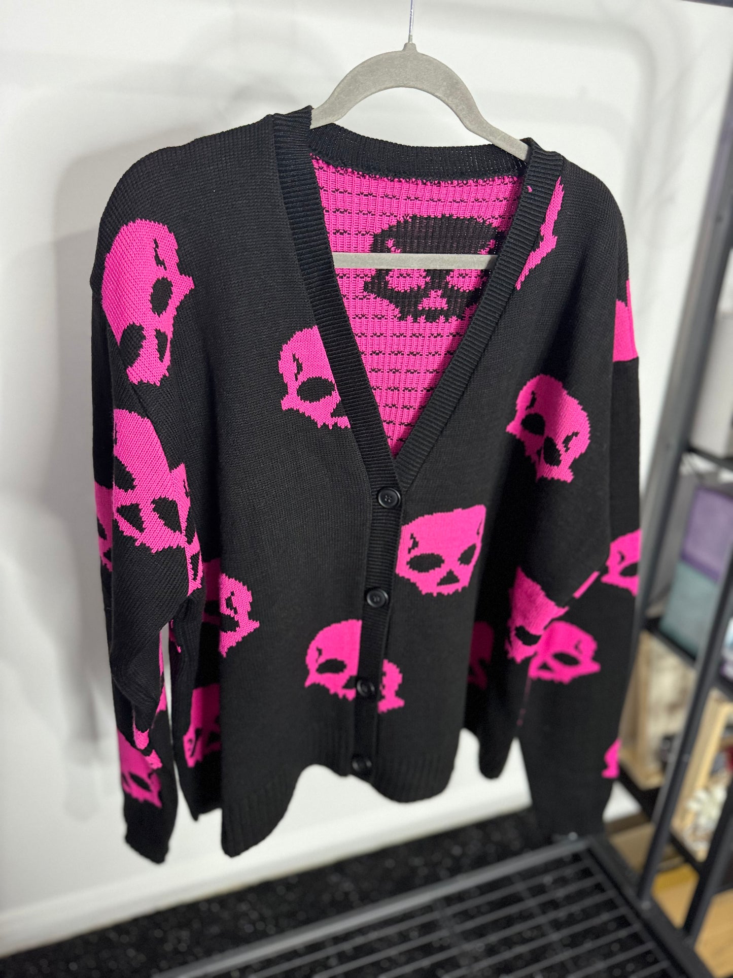 Cleo - Black & Pink Skull Buttoned Cardigan