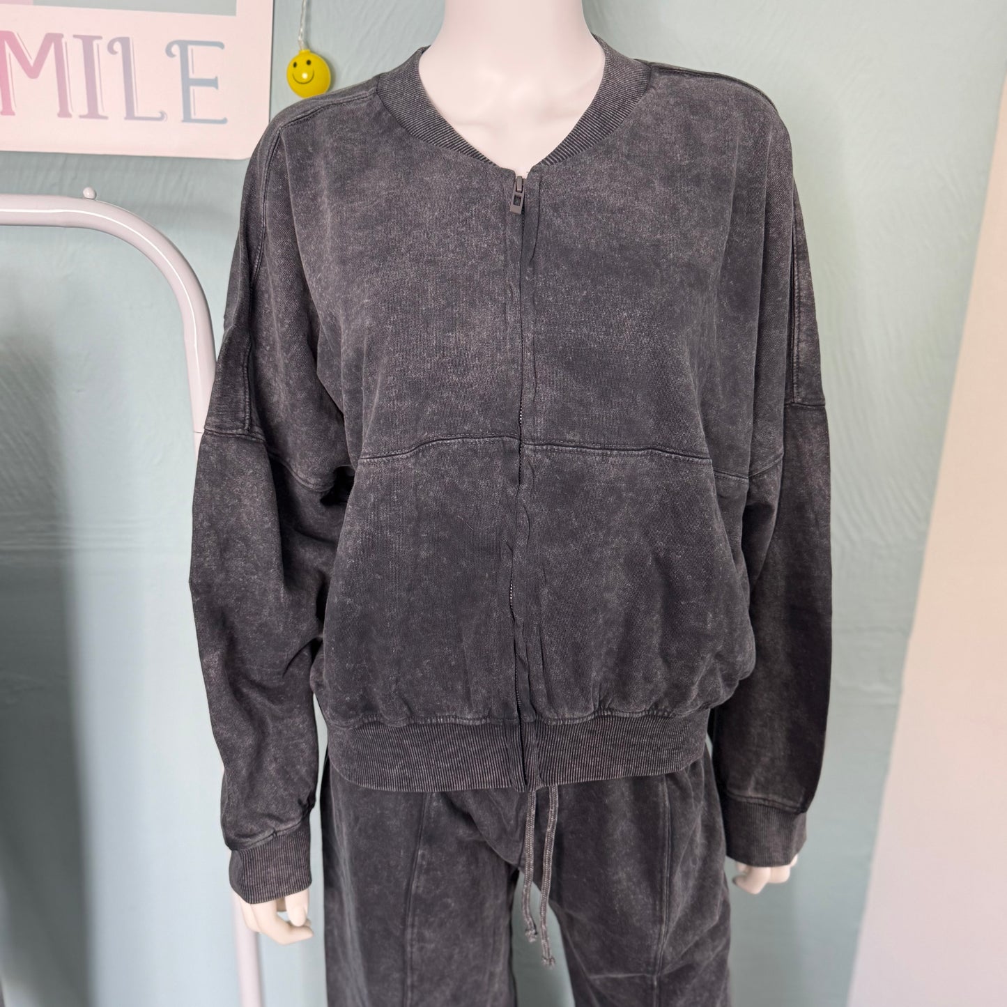 Rosie - Acid Wash Bomber Style Lounge Set - Womenswear.