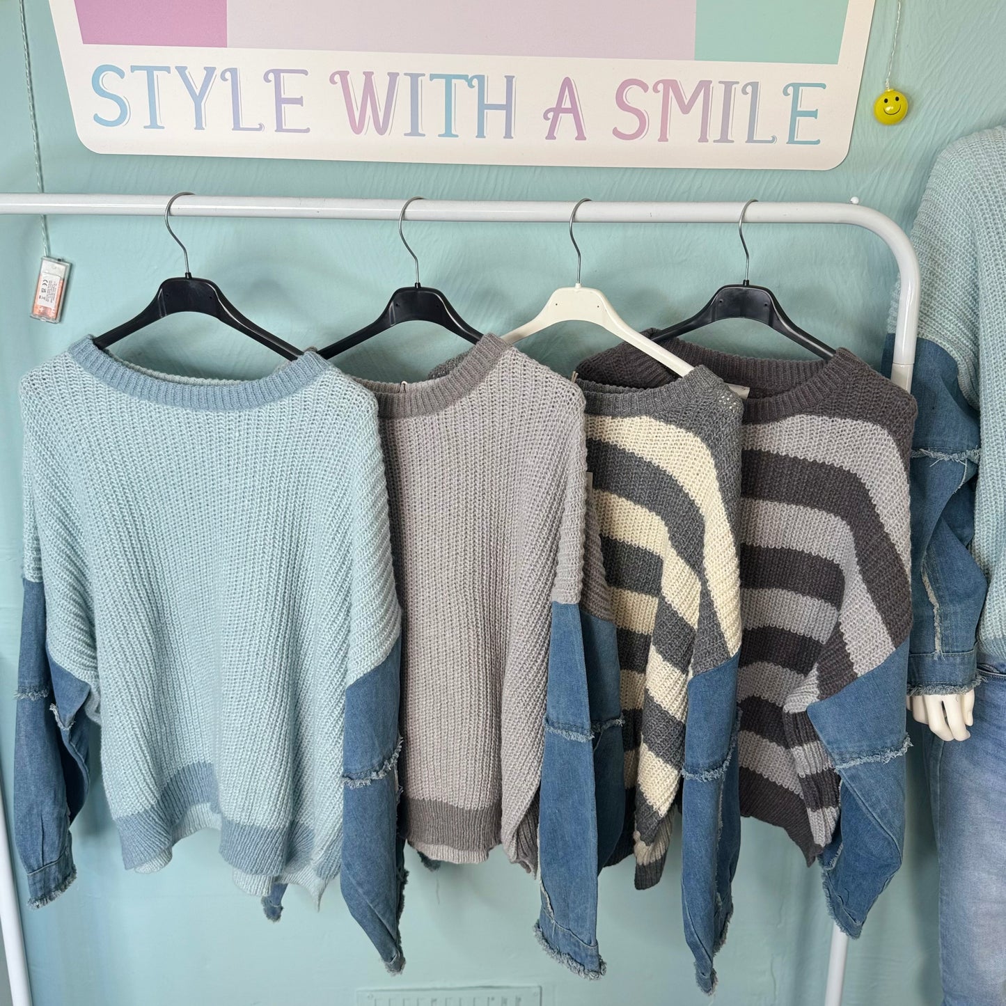 Gianna- Knitted Jumper With Denim Sleeves - Womenswear Knitwear.