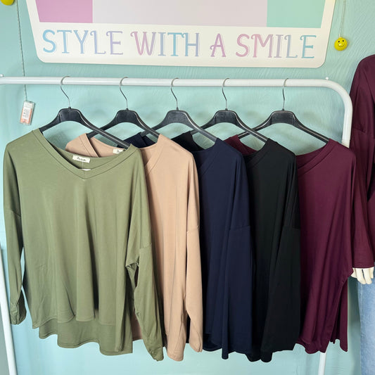 Amara - Long Sleeve V Neck Basic Top -  Womenswear.