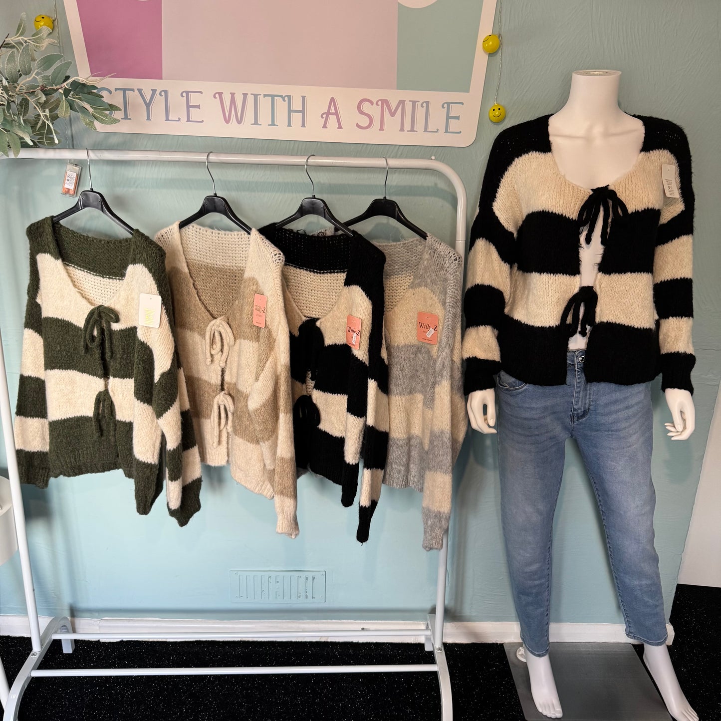 Belle - Striped Tie Bow Cardigan - Size up to a UK 18.  Knitwear Womenswear