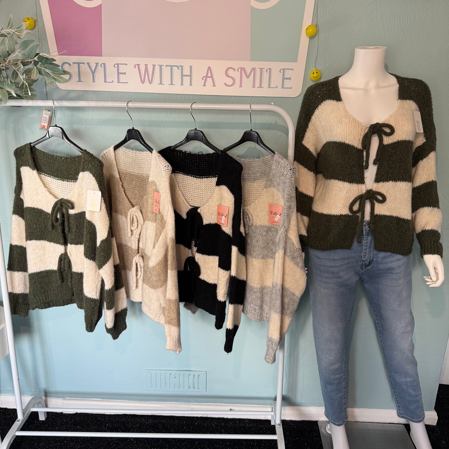 Belle - Striped Tie Bow Cardigan - Size up to a UK 18.  Knitwear Womenswear