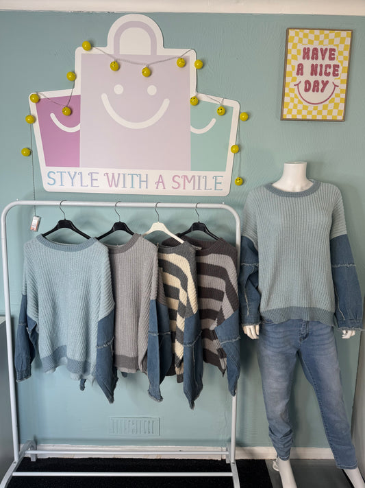 Gianna- Knitted Jumper With Denim Sleeves - Womenswear Knitwear.