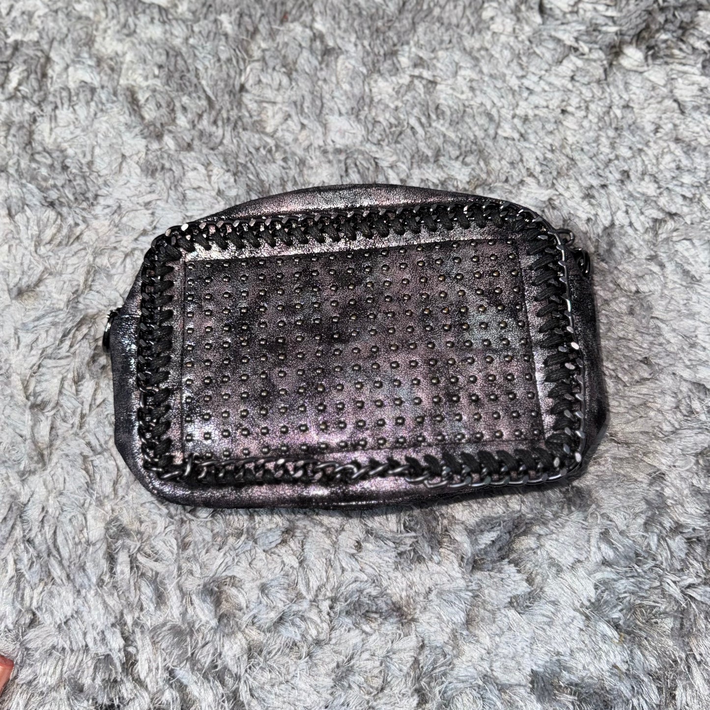 Studded Chain Shimmer Crossover Body Bag with Chain Strap.