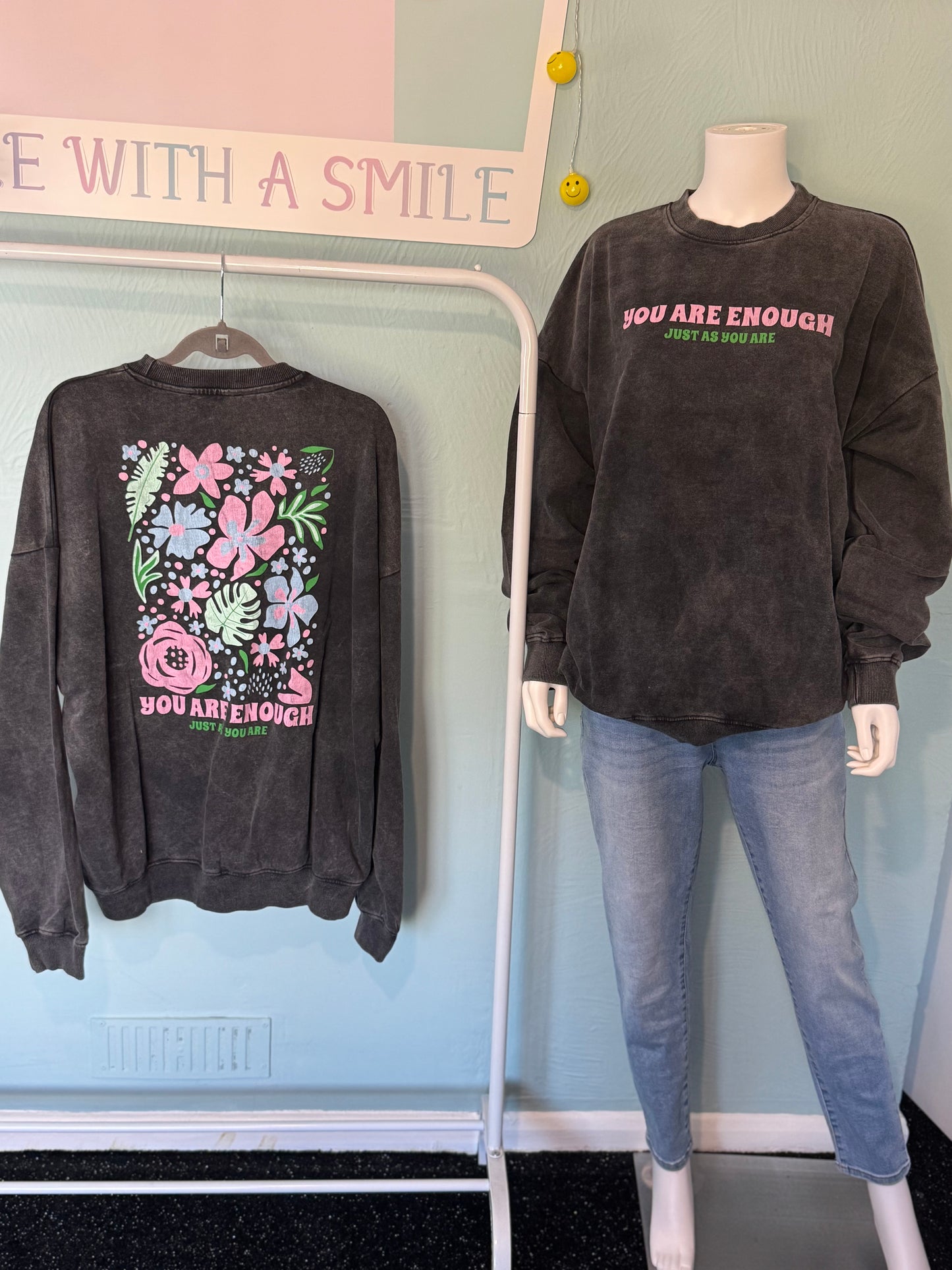 Tara - Acid Wash Oversized “You are enough” Floral Sweatshirt - up to a UK 18 -  Womenswear  Hoodie Cotton