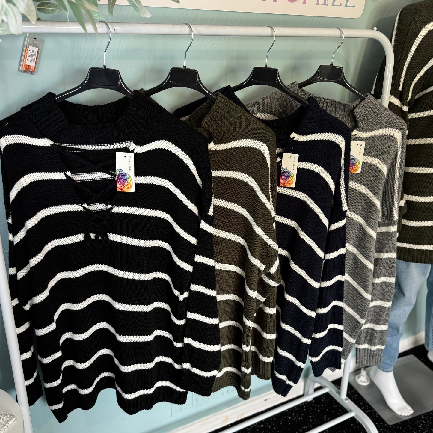 Savannah - Oversized Collar Striped Knitted Jumper - one size up to a UK 20.