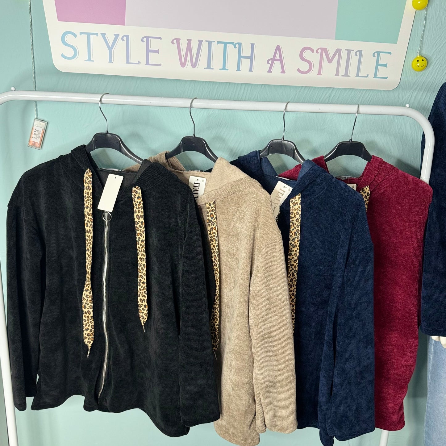 Edith - Chenille Cord Leo Drawstring Zip Hoodie-  Womenswear Long Sleeve.