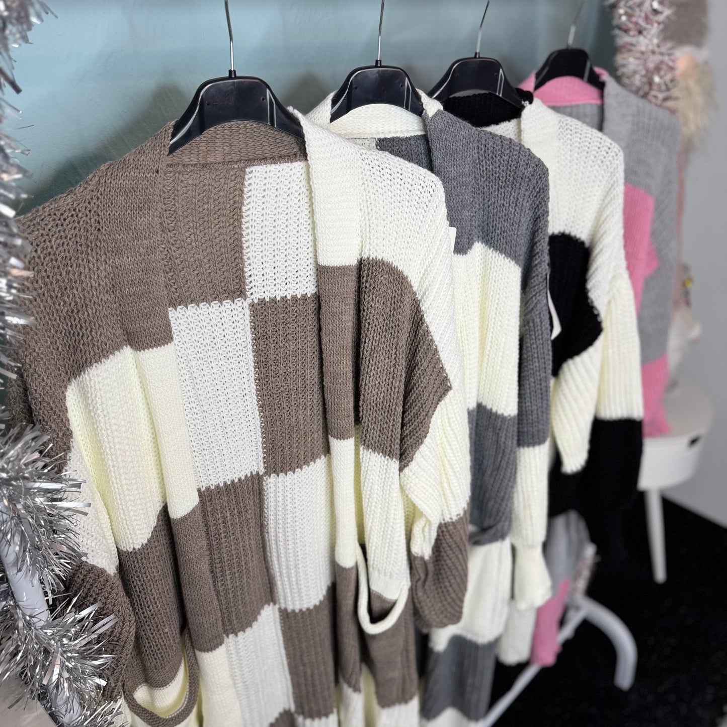 Sandy - Colour Block Long Line Balloon Sleeve Cardigan With Pockets - up to a Uk 24