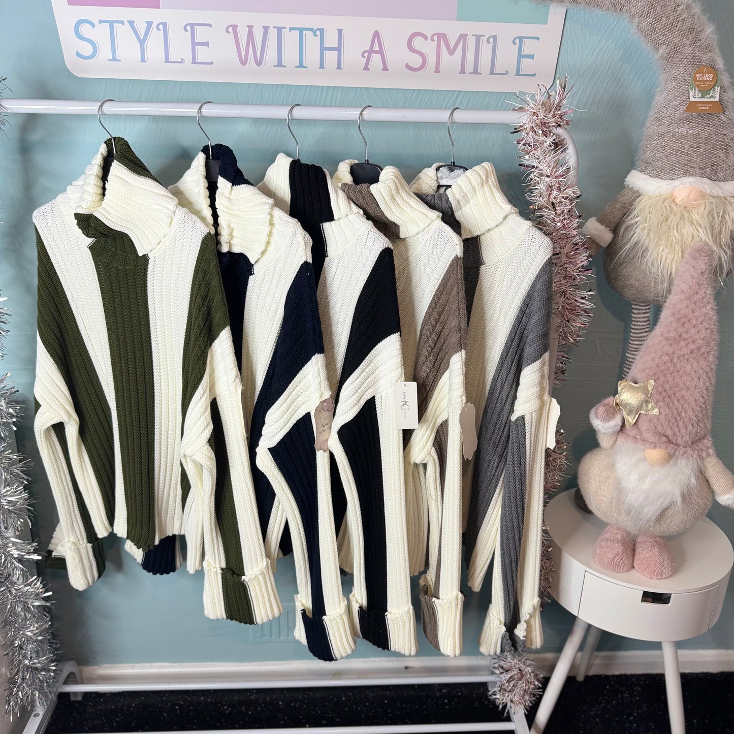 Melly - Roll Neck Vertical Stripe Jumper With Chunky Sleeves -  Womenswear Knitwear.