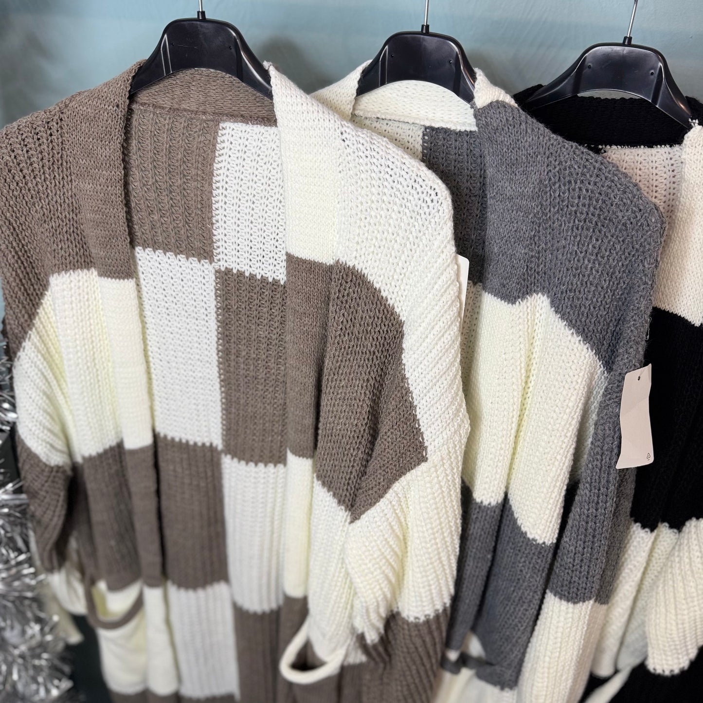 Sandy - Colour Block Long Line Balloon Sleeve Cardigan With Pockets - up to a Uk 24