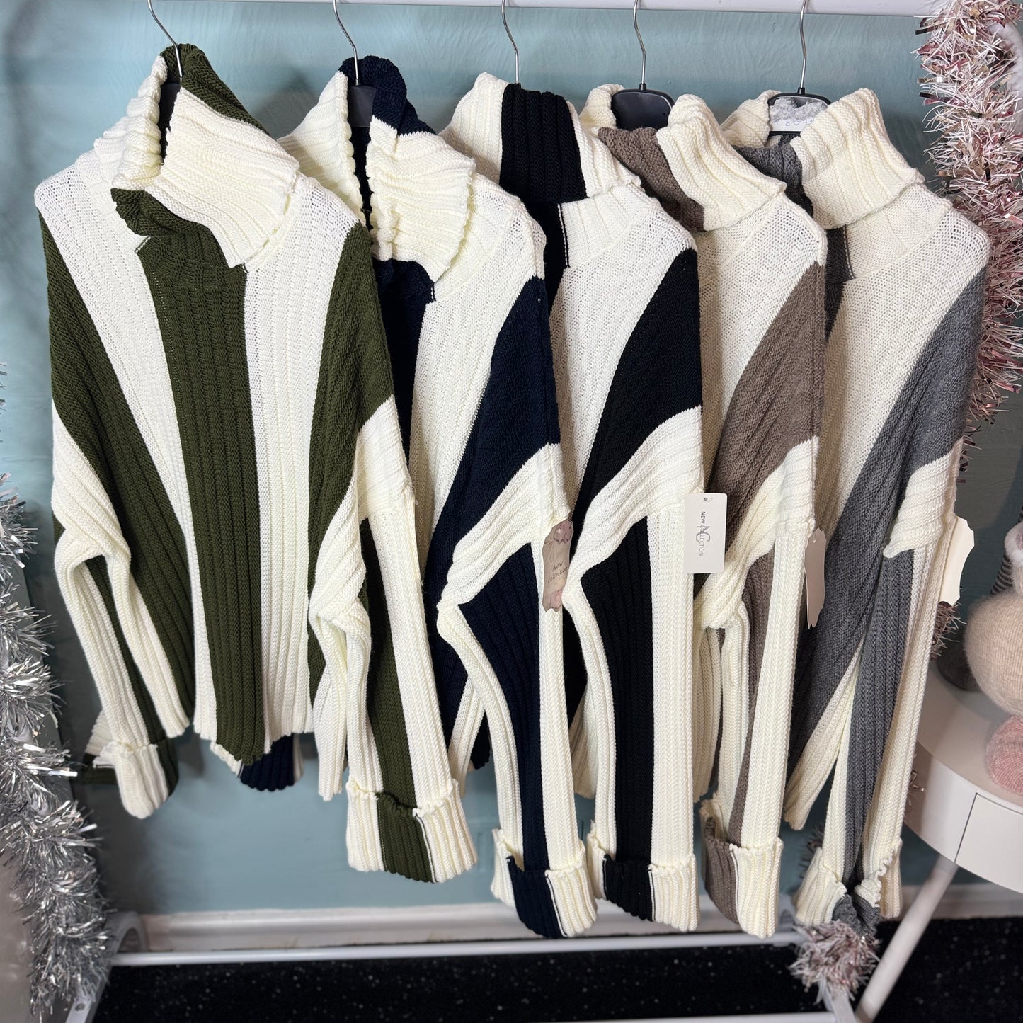 Melly - Roll Neck Vertical Stripe Jumper With Chunky Sleeves -  Womenswear Knitwear.