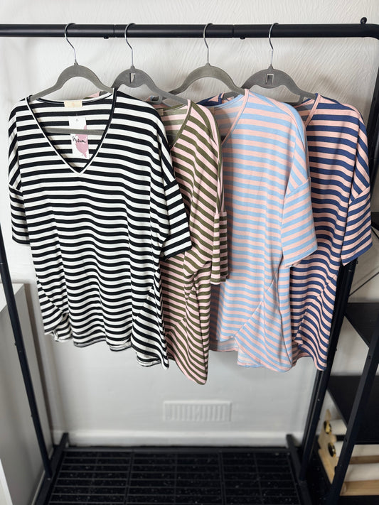 Holly - V Neck Cotton Stripe T Shirt