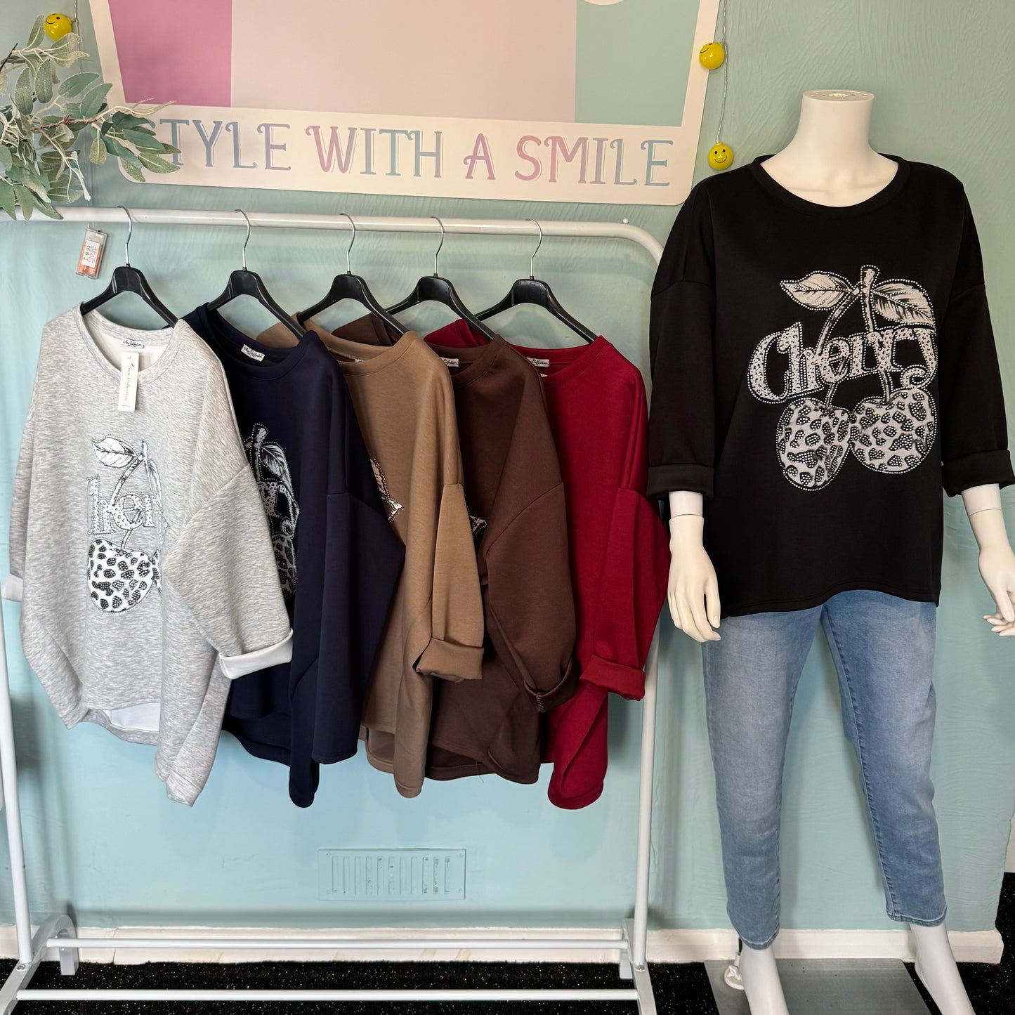 Olive - Diamanté Cherry Soft Touch Sweatshirt - up to a UK 18.