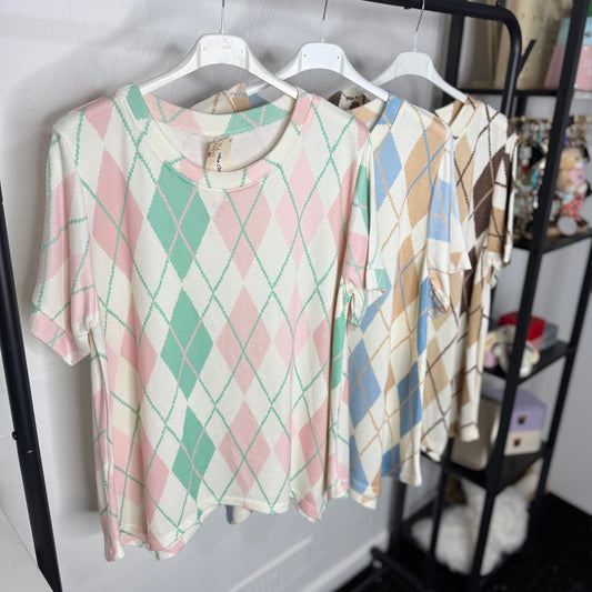 Anna - Argyle Print Knit Top short Sleeve