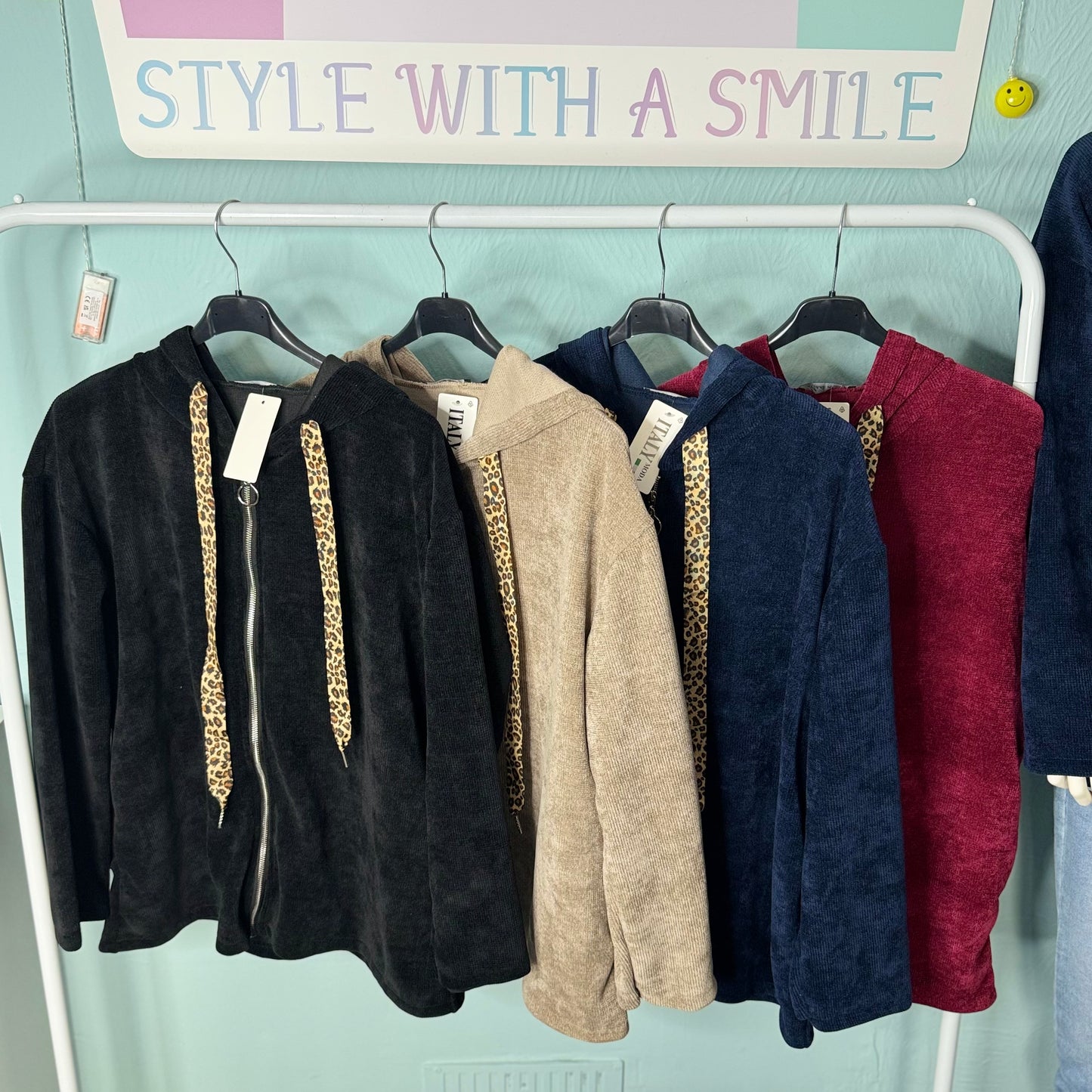 Edith - Chenille Cord Leo Drawstring Zip Hoodie-  Womenswear Long Sleeve.