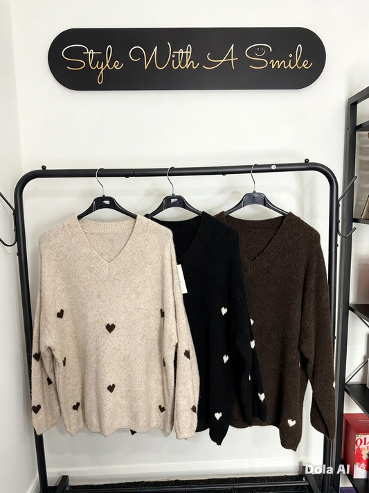 Camille - V Neck Heart Design Jumper