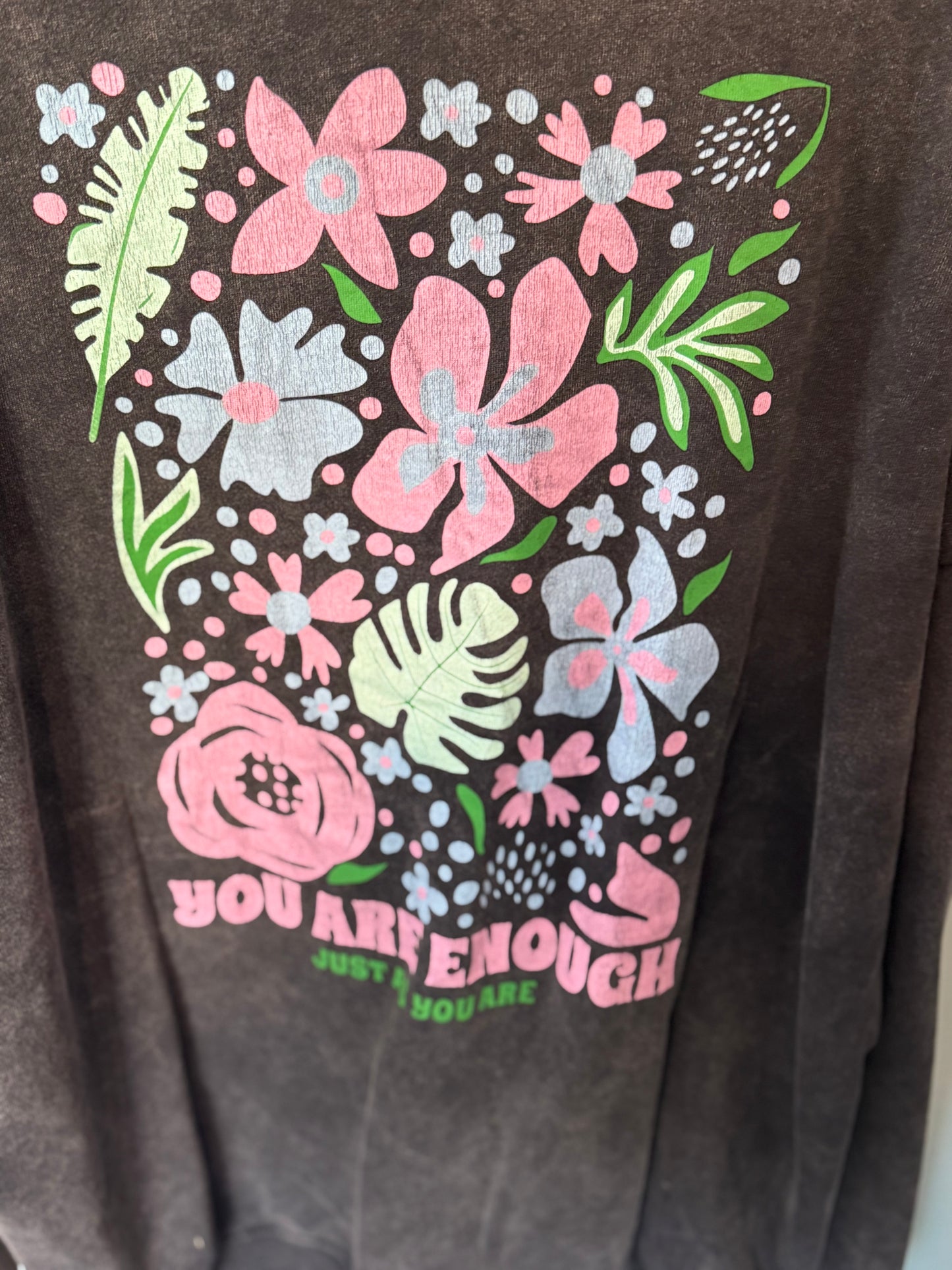 Tara - Acid Wash Oversized “You are enough” Floral Sweatshirt - up to a UK 18 -  Womenswear  Hoodie Cotton