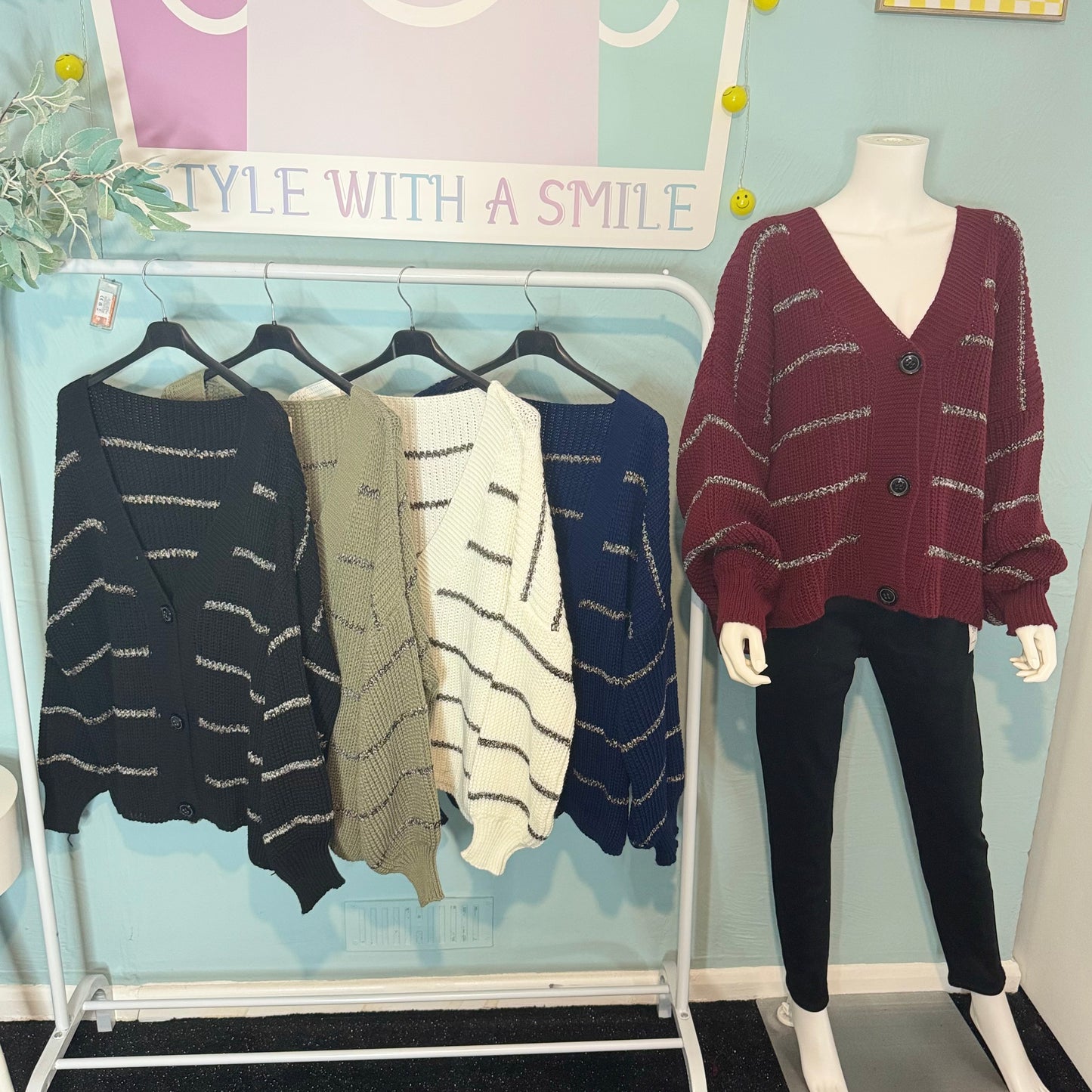 Kirsty - Stripe Lurex glitter Chunky Button Cardigan - up to a size 24!