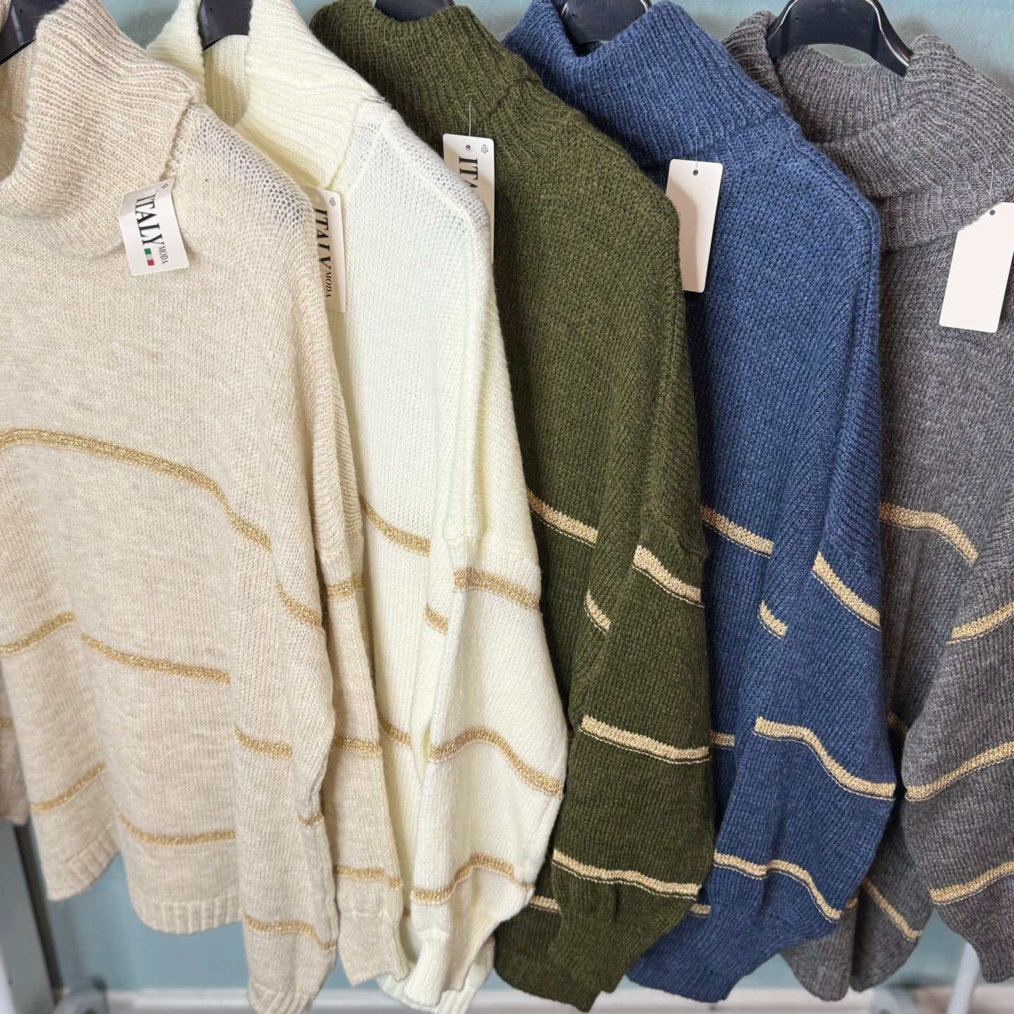 Shelley - Roll Neck Lurex Stripe Oversized Jumper -  Womenswear Knitwear.