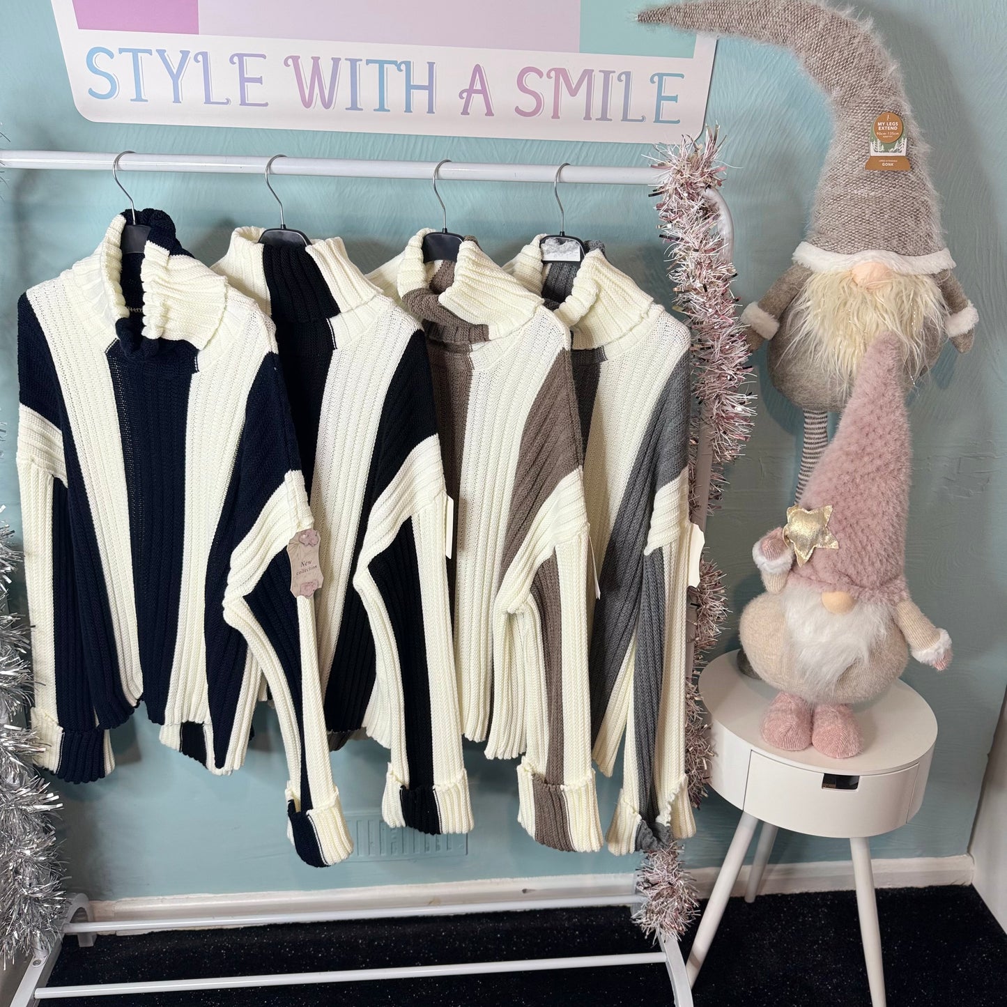 Melly - Roll Neck Vertical Stripe Jumper With Chunky Sleeves -  Womenswear Knitwear.