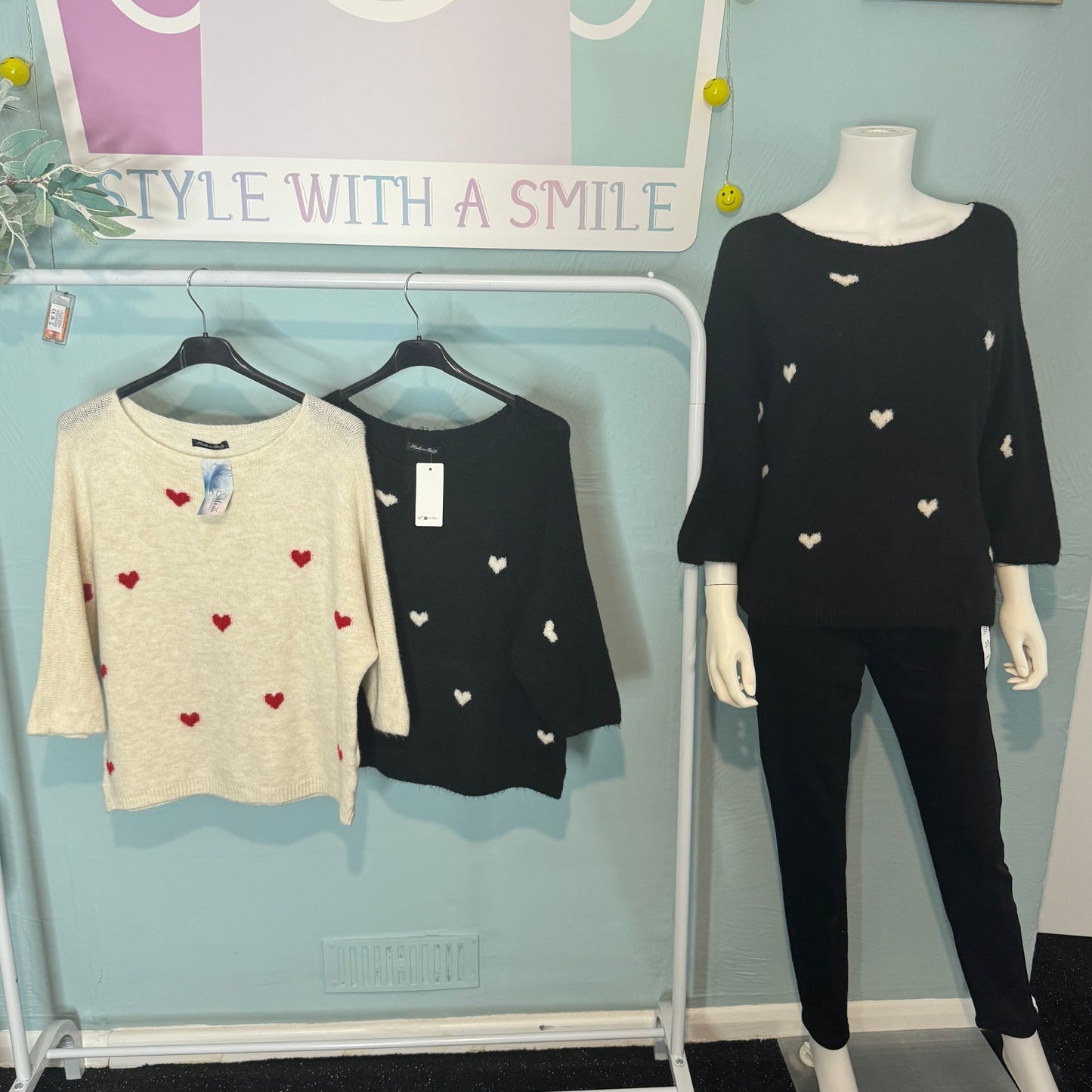 Hope - Heart Print Knitted 3/4 sleeve jumper -  up to a UK 18 - Knitwear Womenswear