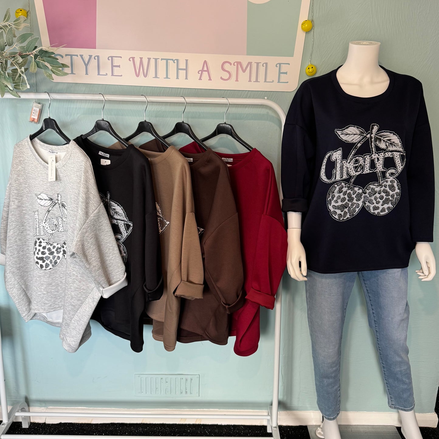 Olive - Diamanté Cherry Soft Touch Sweatshirt - up to a UK 18.