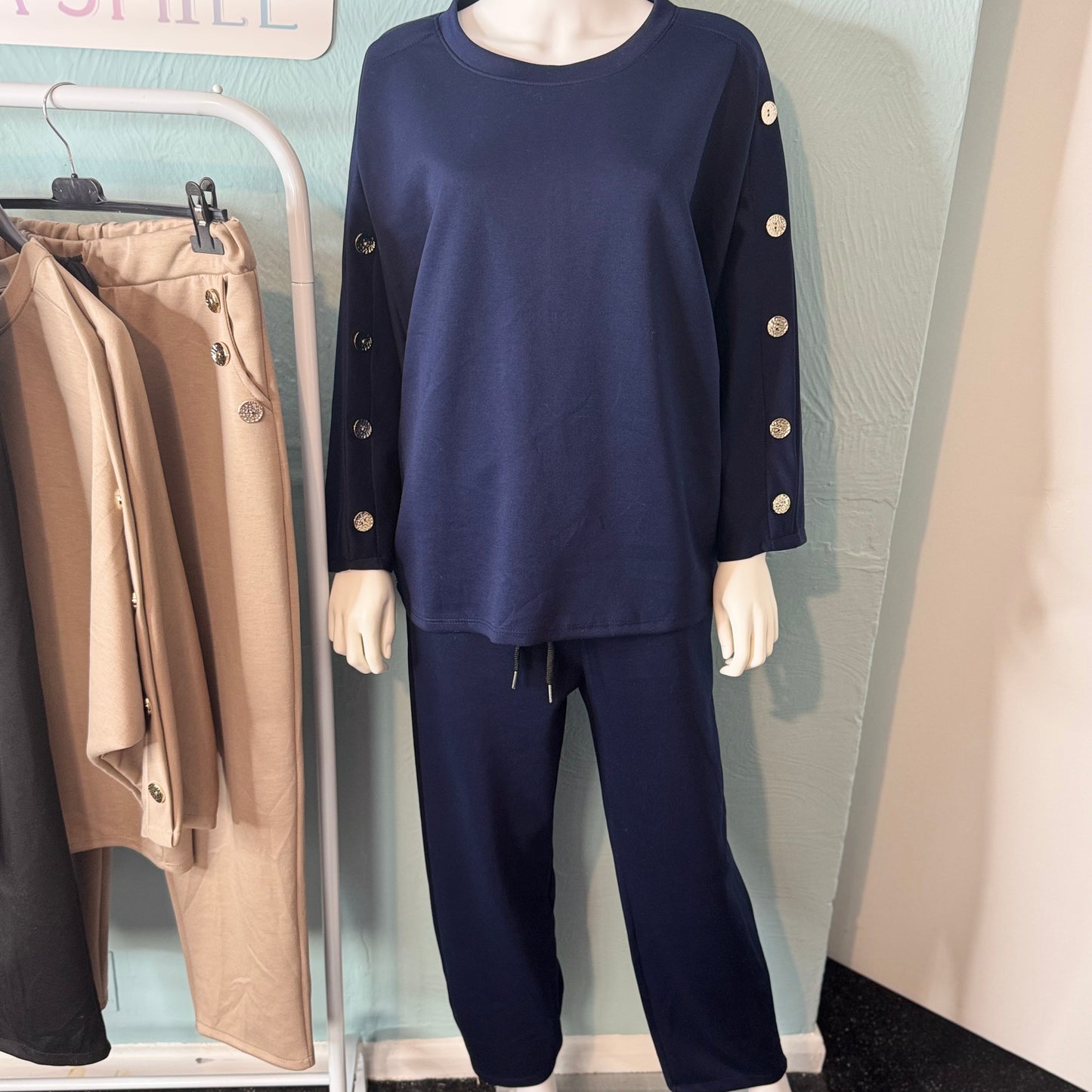 Olga - Hammered Button Detailing Lounge Set -  Womenswear Basic Long Sleeve.