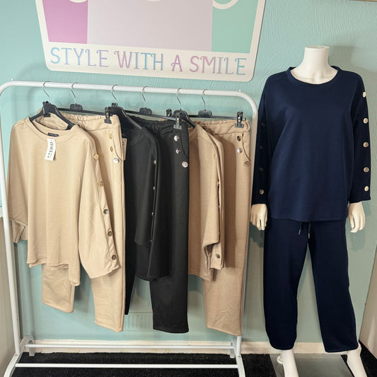 Olga - Hammered Button Detailing Lounge Set -  Womenswear Basic Long Sleeve.