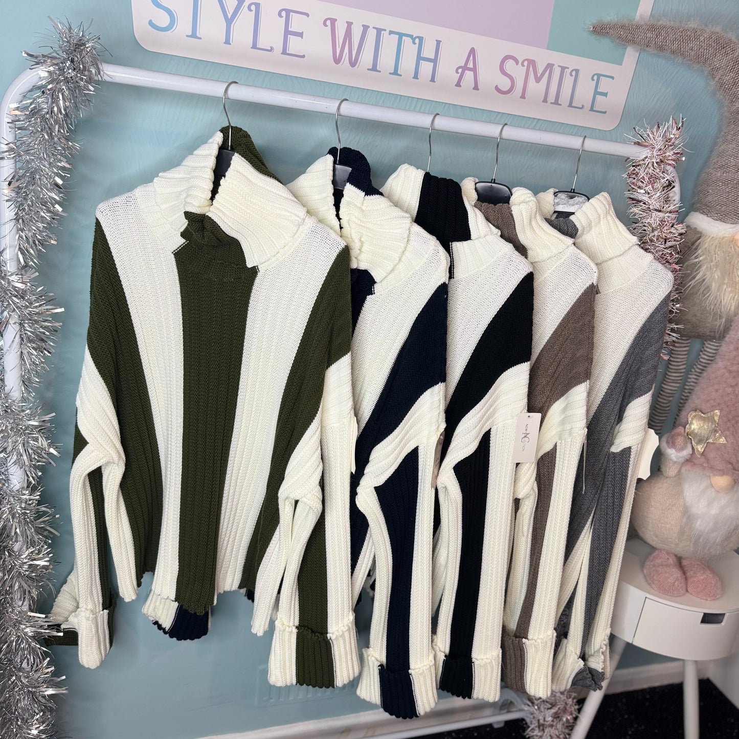 Melly - Roll Neck Vertical Stripe Jumper With Chunky Sleeves -  Womenswear Knitwear.